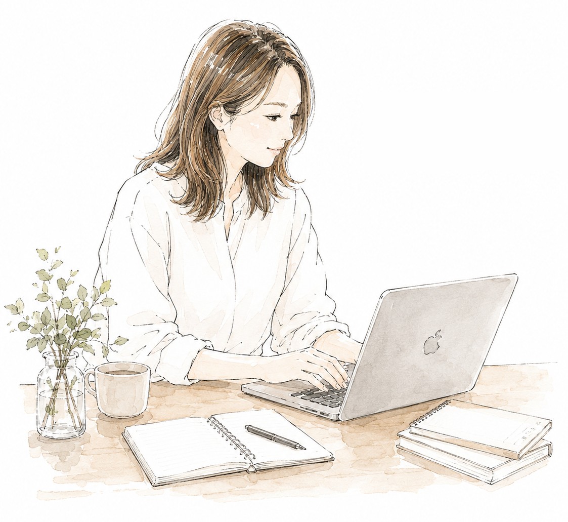 ノートとコーヒーを置いた机で、ノートパソコンに向かうさやかのイラスト